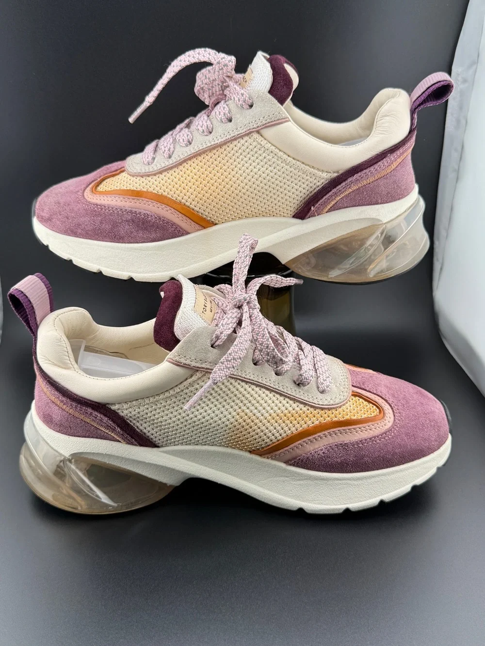 Tory Burch Good Luck Bubble Trainer Suede Sneakers Cream Arancio Purple Size 6